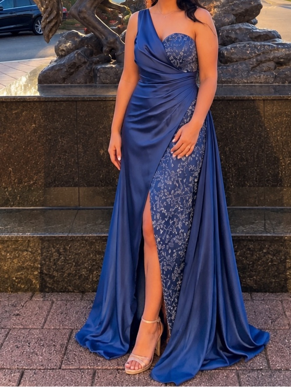 One-Shoulder Navy Blue Evening Gown
